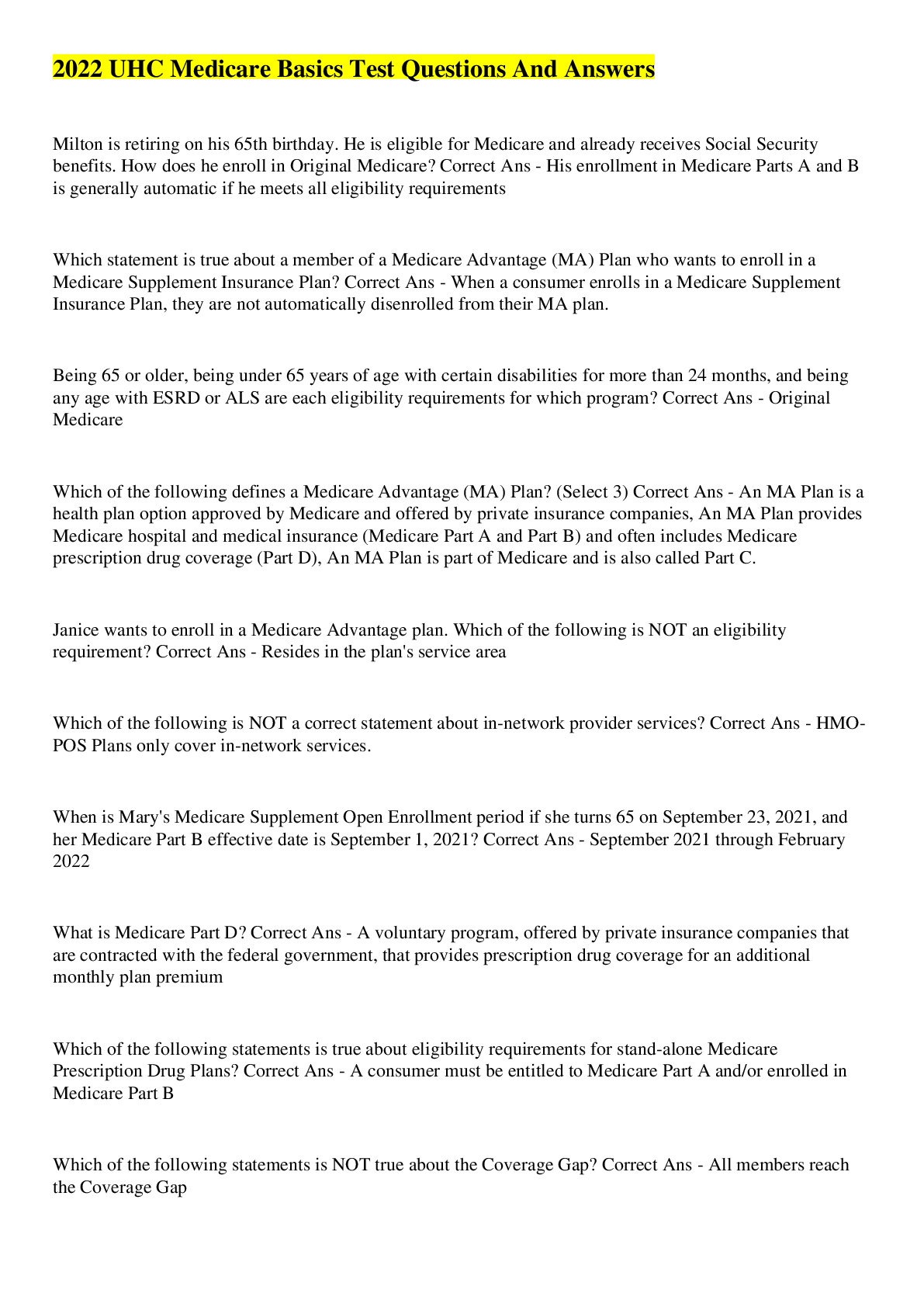 Preview image for 2022 UHC Medicare Basics Test Questions And Answers